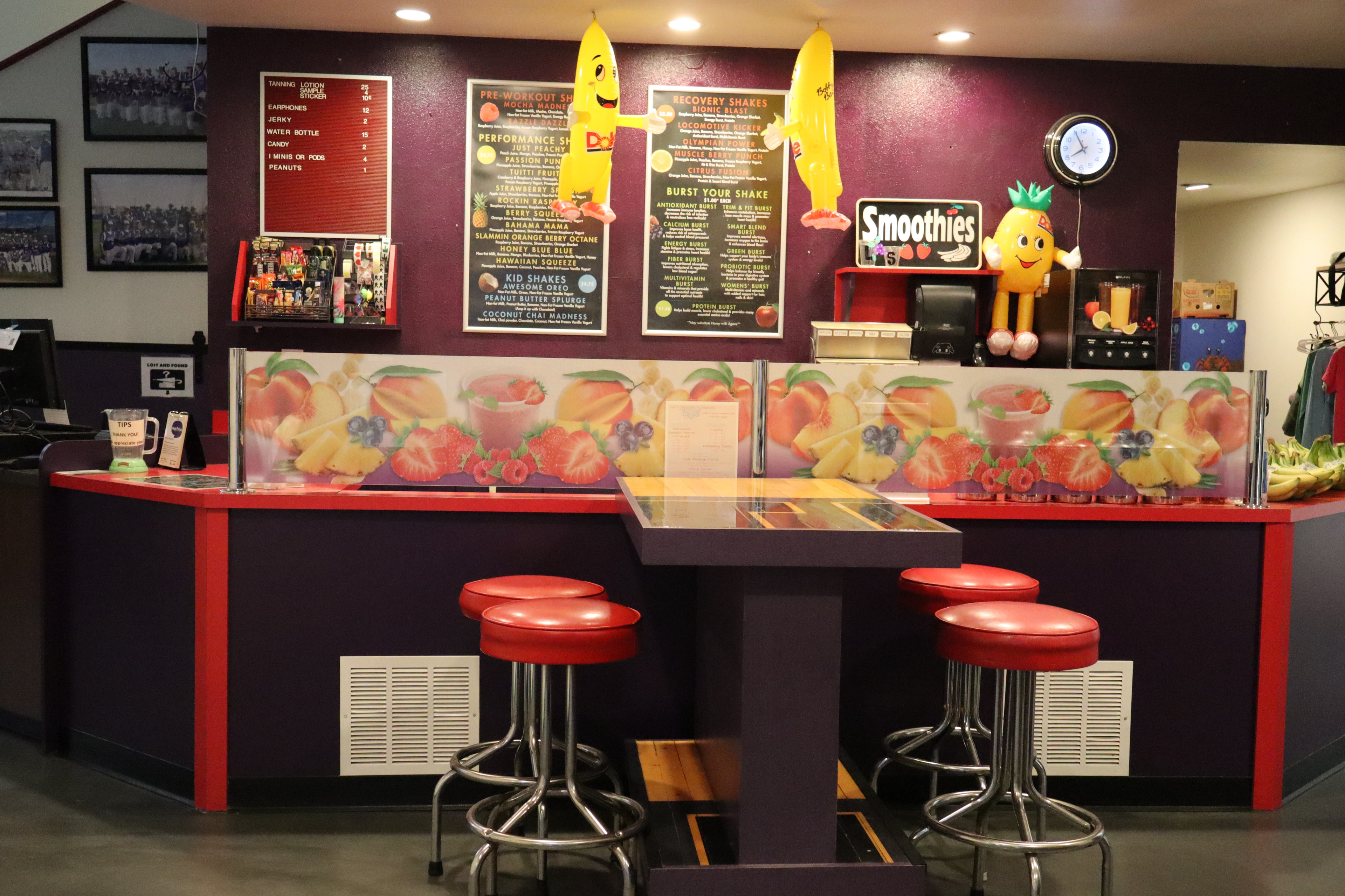 Just Juice It smoothie bar counter at Locomotion Fitness Center